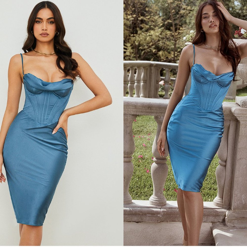 HOUSE OF CB ‘Myrna’ Aegean Blue Silk Satin Corset Midi Dress NWOT